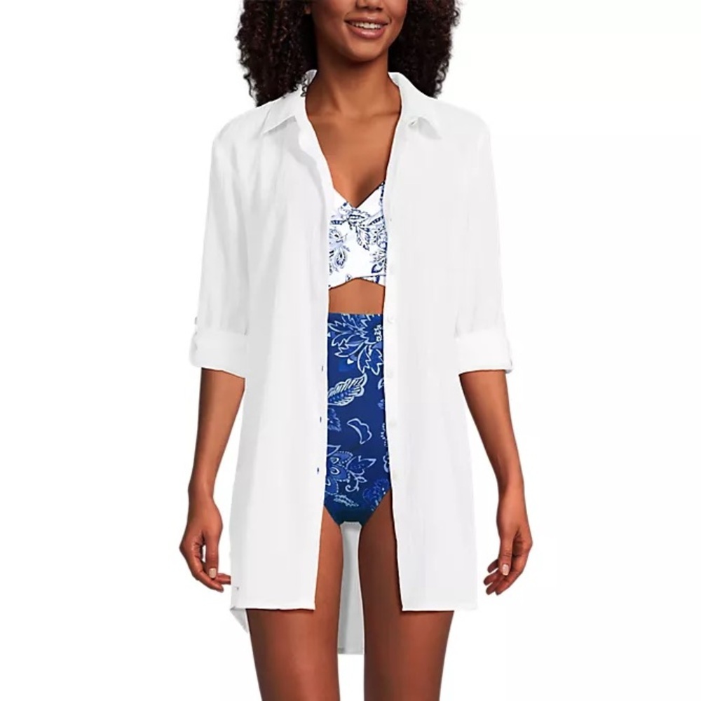 Lands' End White Button Down Longline Shirt Dress / Tunic Oversized Size Small